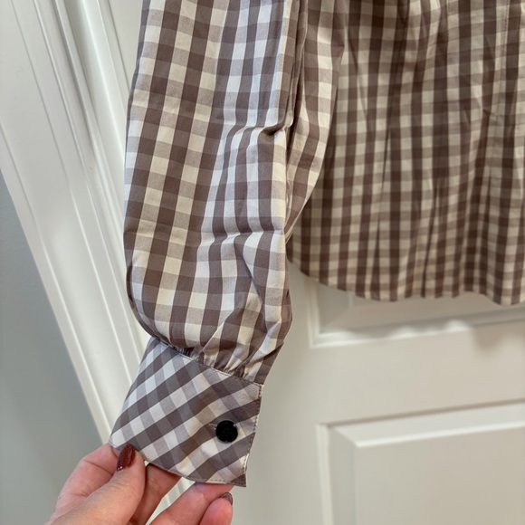 Lafayette 148 Gingham Button Down Blouse size 6 Taupe Cream Roll Tab Long Sleeve - Picture 8 of 12